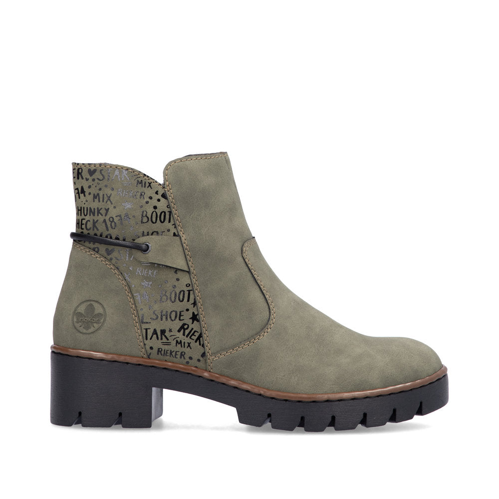 Bottines Femme Rieker 73553 Vertes – Confort Souple Fermeture Éclair Talon Bloc